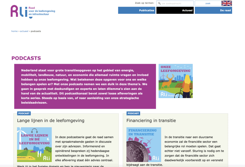 Voorbeeld van een deel van de websitepagina Podcasts van de RLI website