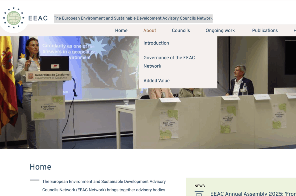 Schermafbeelding van de homepage en het menu van EEAC.eu